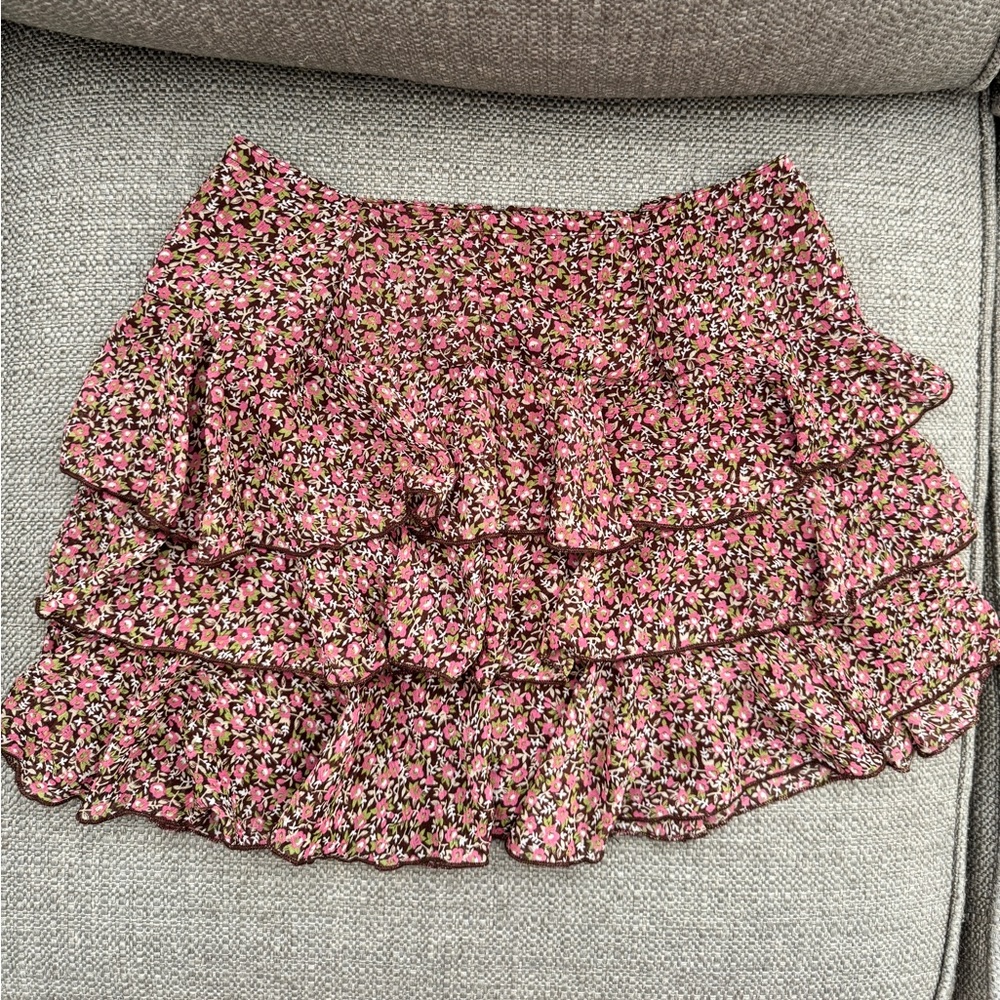 Vintage Y2K Floral Ruffle Mini Skirt Pink and Brown Juniors Large